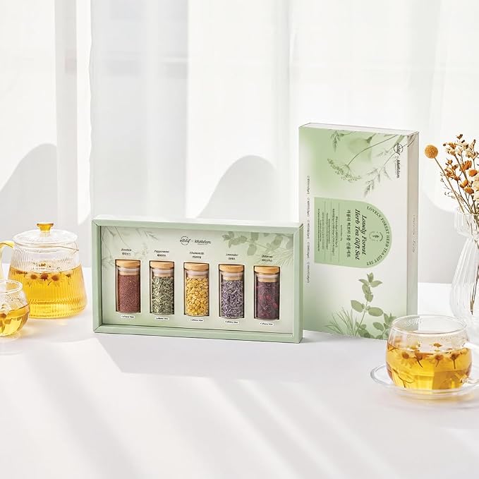 KKOKDAM Lovely Forest Herb Tea Gift Set - 5 Caffeine-Free Loose Leaf Teas in Glass Jars (Rooibos, Peppermint, Chamomile, Lavender, Hibiscus) - Korean Tea Gift Box 0.88oz