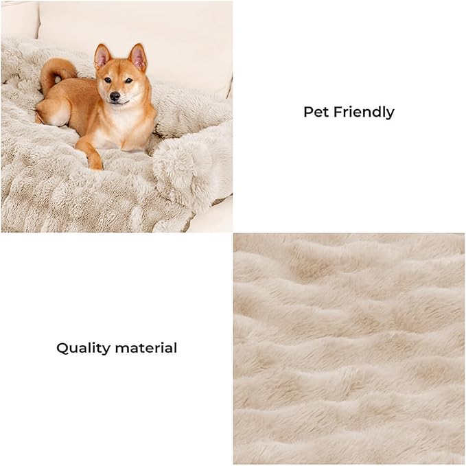 Dog Couch Bed, Calming Luxurious Large Pet Sofa Cover Washable | Comfort Dog Sofa Mat for Extra Large Dogs, Faux Rabbit Fur, Raised Protective Bolster, Non-slip Bottom, 47"×33.5"×6", Coffee