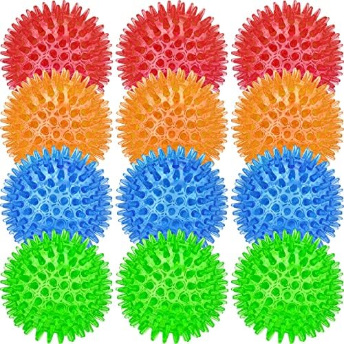 Beieverluck 12 Pack 3.5 Inch Squeaky Dog Toy Balls Spikey Dog Balls Large Dog Chew Toys for Medium Large and Small Dogs for Aggressive Chewers,4 Colors