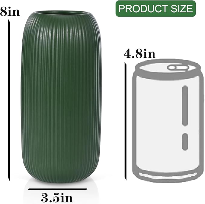 Ceramic Vase for Flowers – Modern Small Ribbed Textured Flower Vase for Home Decor, Pampas Grass, Decorative, Farmhouse, Coffee Table, Kitchen Centerpieces, Bookshelf and Home Living(Green)