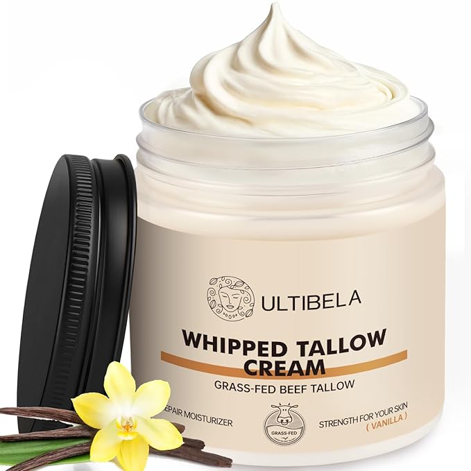 100% Grass-Fed Handmade Beef Tallow for Skin Care, Whipped Tallow and Honey Balm for Body ＆ Face Natural Body Cream for Dry & Sensitive Skin, 4OZ (Vanilla)