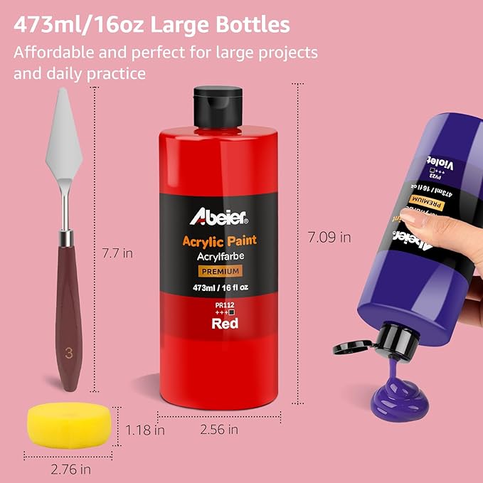 ABEIER Large Bulk Acrylic Paint Set, 15 Colors (473 ml/16 fl oz), Matte Finish, Rich Pigments, Non-Toxic Paints for Painting on Canvas Crafts Wood Ceramic, Ideal for Beginners and Students