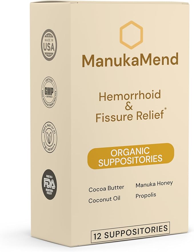 ManukaMend™ Comfort Support Suppositories with Manuka Honey & Coconut Oil – Gentle Moisturizing Relief, 12 Count