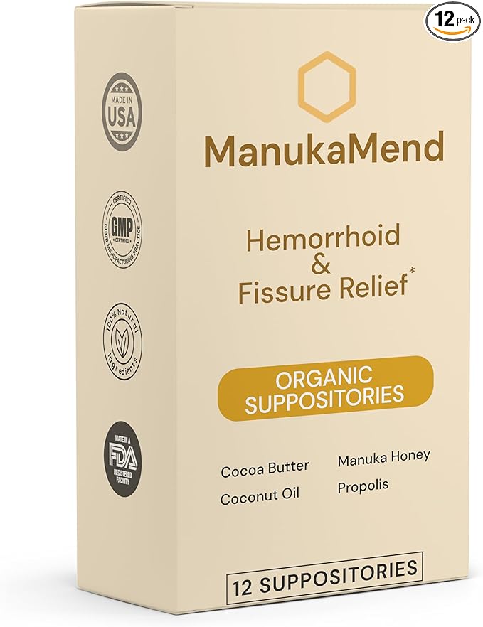 ManukaMend™ Comfort Support Suppositories with Manuka Honey & Coconut Oil – Gentle Moisturizing Relief, 12 Count