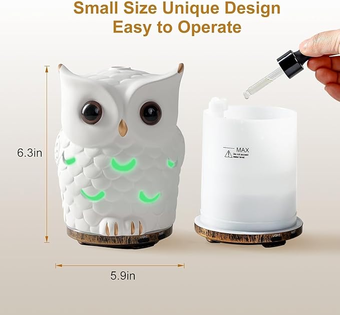 Alieye Ceramic Essential Oil Diffuser, 200ML Handcrafted Ceramic Owl Ultrasonic Cool Mist Aromatherapy Humidifier with 7 Colors LED Waterless Auto Shut Off for Home Office Yoga, Gifts for Mom, White