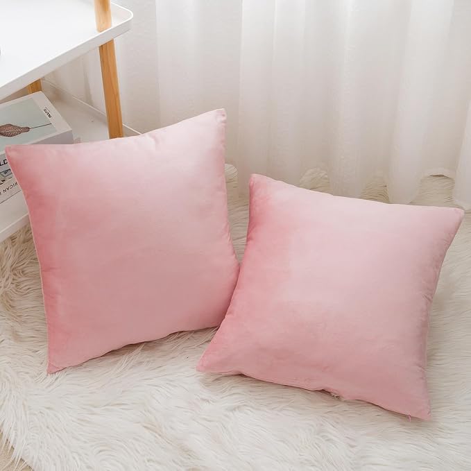 Velvet Decorative Throw Pillow Covers, Soft Square Cushion Case Home Decor for Living Room Couch Bed Sofa, Set of 2 Pack, Pink, 16x16 Inch