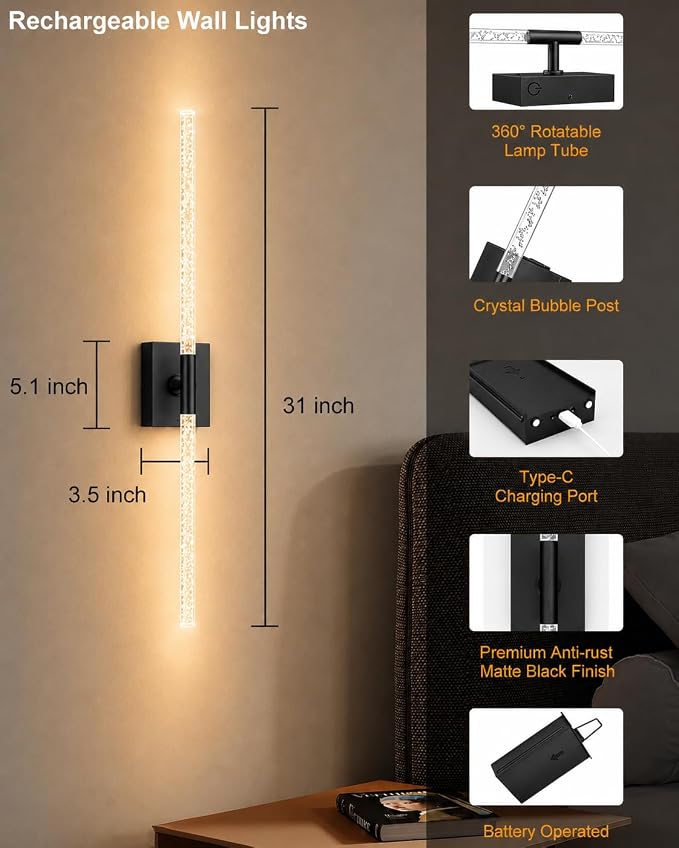 Crystal Bubble Rechargeable Wall Sconces Set of 2, Wireless Modern Lights | 10000mAh, Remote Control, 3000K-6000K Dimmable, 360° Adjustable, Ambient Lighting for Living Room, Bedroom, Picture, Bathroom