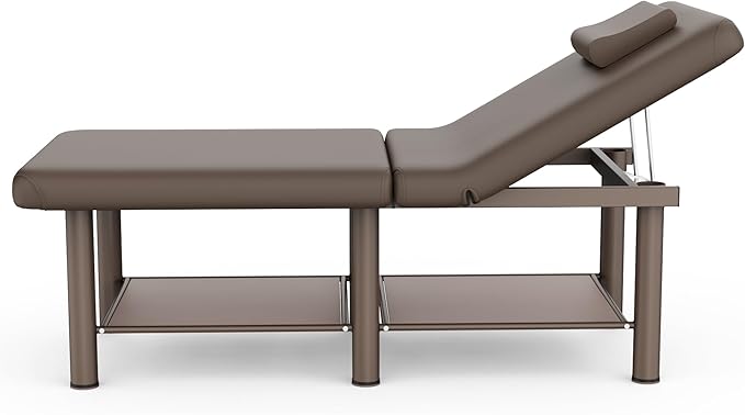 Folding Stationary Massage Table with Backrest and Storage Space for Treatment Table Physical Therapy Table Spa Facial Bed, 6 Round Legs Metal Frame PU Leather, 30.5'' Wide × 75'' Long - Brown