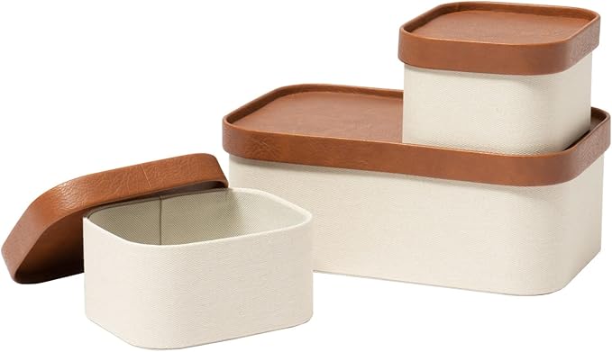 LA JOLIE MUSE Decorative Storage Boxes with Lids Faux Leather, Beige 3 Pack | Vegan Leather Lids, Fabric Covered Storage Basket, Organizer for Jewelry, Shelves, Bedroom & Closet Storage Memory Box