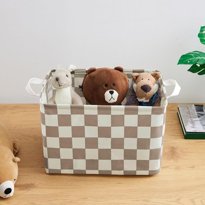 Ohocut Khaki White Checkered Canvas Basket, Rectangular Organizing Decorative Storage Basket for Kids Dog Toy, Cute Aesthetic Checkered Room Decor for Home, Kitchen, Bedroom, Classroom, Shelves