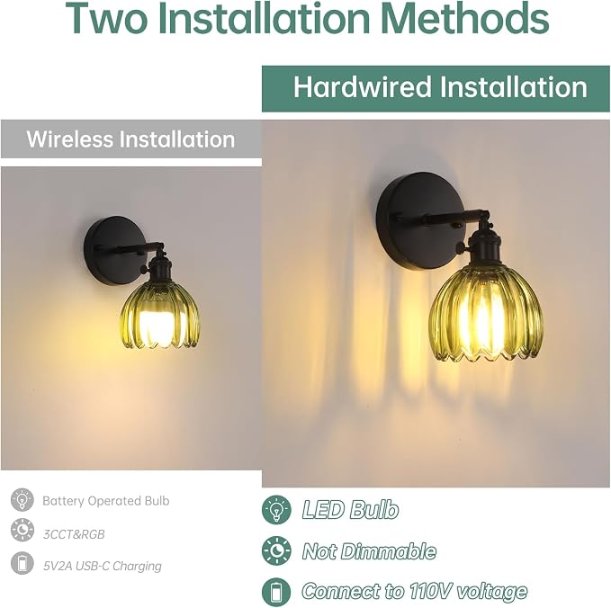 Shenmoyl Vintage Wall Sconce with Green Tulip Glass Lampshade 180 Degree Adjustable Black Sconce Hradwired Modern Wall Lighting Fixture with Switch for Bedside Bedroom Doorway