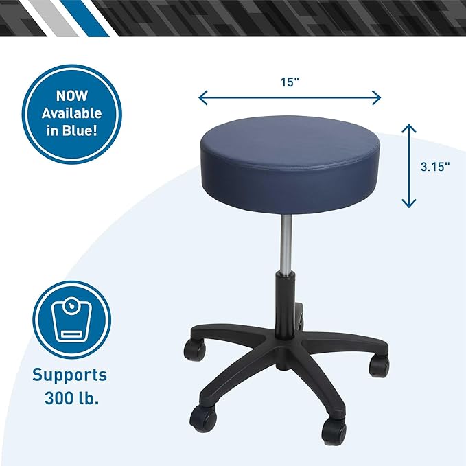BodyMed Rolling Exam Stool with Wheels, 18.5 Inch to 25 Inch Adjustable Height for Dentists, Spas, & Healthcare Environments, 5 Casters, Easy Assembly, Blue