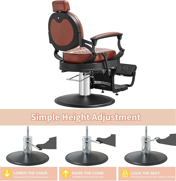 Kaleurrier Reclining Hair Salon Chair - Vintage Barber Chairs Height Adjustable for Stylist Barber Shop Home Haircut Tattoo Massage - Brown and White Quilted Leather