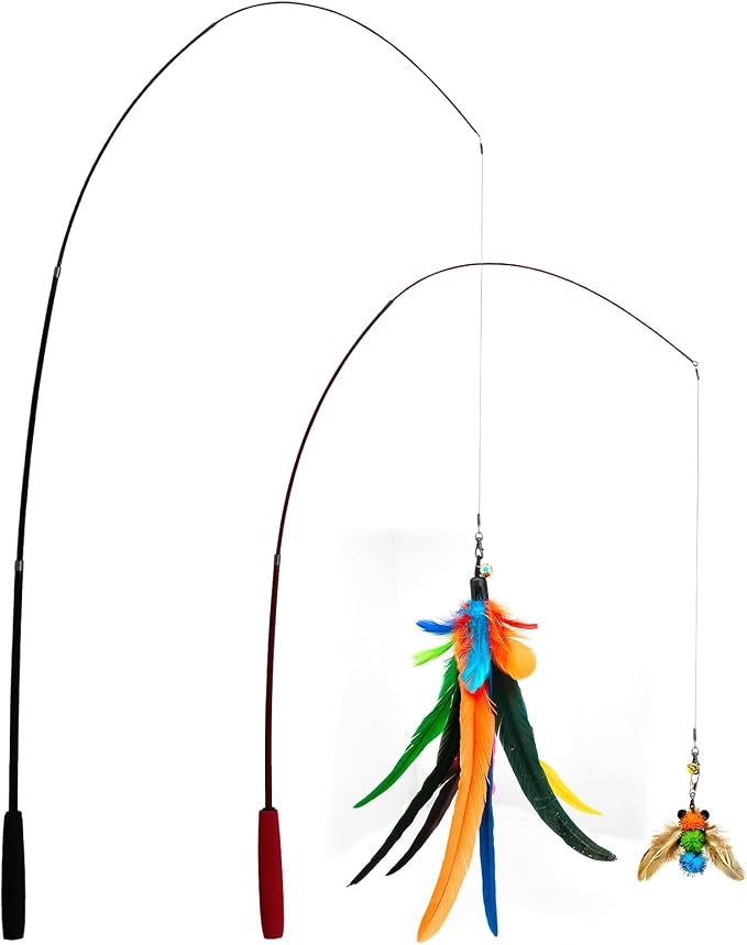 miwoowim 2PCS Retractable Cat Teaser Wands & 9PCS Feather Refills Toy Set | Dual-size telescopic rods (50" & 38"), da bird feather attachments with bells replacement,interactive fishing pole toys