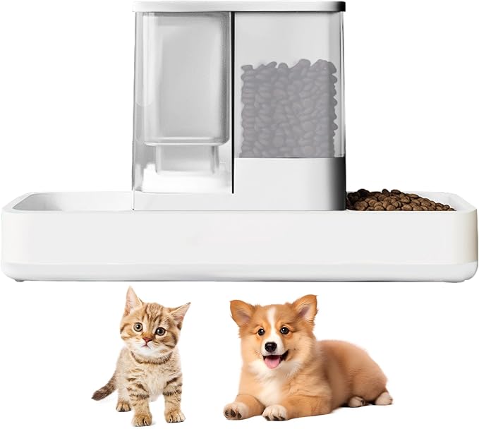 GearRoot Automatic Cat Feeder and Water Dispenser, 2 in 1 Gravity Pet Food Feeder and Water Dispenser Detachable Cat Food Dispenser for Small Dogs and Cats, White