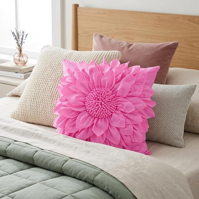 Hot Pink Accent 3D Flower Decorative Throw Pillow Covers for Bed Sofa Couch | Bella's Giftshop Handmade Sunflower Taffeta Pillow Cases Living Room Bedroom Decor, 18x18 Inch