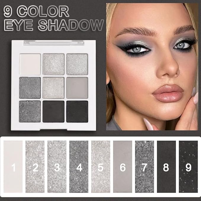 evpct 9 Colors Silver Gray Glitter Eyeshadow Palette, Black Smokey Grey and Silver White Sparkle Glitter Shimmer Shiny Eye Shadow Palette Makeup for older Women, High Pigment Eyeshadow Sombra de ojos