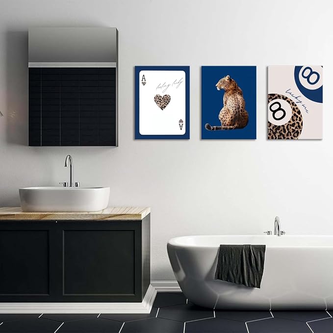 Navy Blue Leopard Canvas Wall Art Set of 3 Cheetah Animal Prints Posters Wall decor Trendy 8 Ball Lucky Me Pictures Aesthetics Artwork for Dormitory Apartment Bedroom Decoration 12x16 Inch Framed