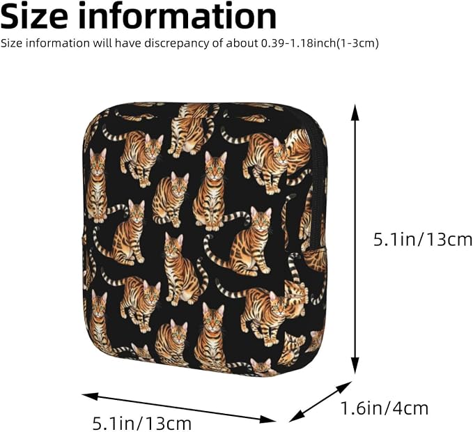 Menstrual Pad Pouch Watercolor Tiger Stripe Cat, Reusable Feminine Hygiene Bag with Zipper, Compact for Ladies On the Go