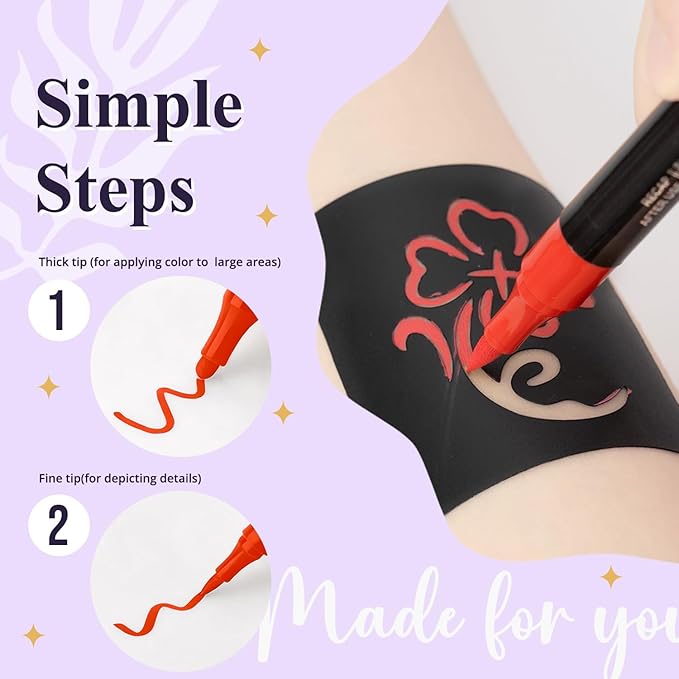 Temporary Tattoos Markers for Skin, 36 Body Markers+612 Large Tattoo Stencils, Temporary Tattoos for Kids and Adults, Dual-End Tattoo Pens, Bright colors, Flexible Brush Tip, Cosmetic-Grade, Skin-Safe