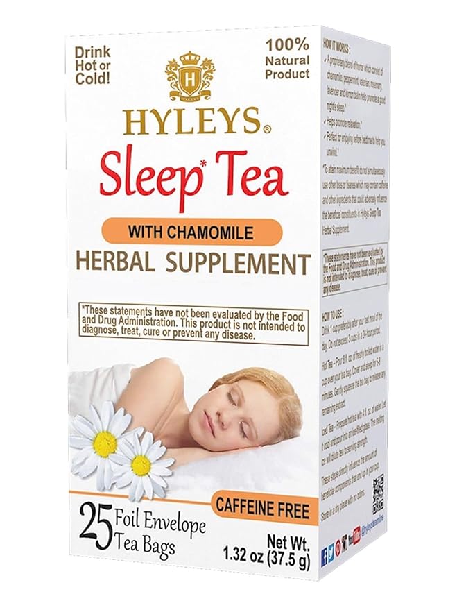 HYLEYS Sleep Tea with Chamomile, Valerian Root and Lavender, 25 Individually Wrapped Tea Bags - Caffeine Free Herbal Sleep Blend - Gluten Free Vegan & Plant Based