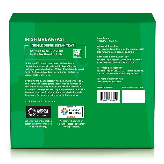 HANDPICK, Irish Breakfast Black Tea Bags (100 Count) Gluten-Free, Non-GMO | Strong, Robust & Bold Flavor | Round Eco-Conscious Tea Bags