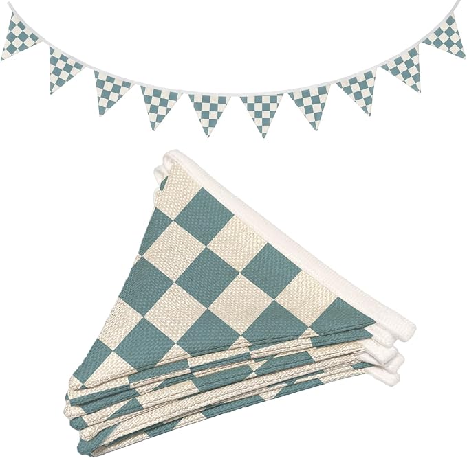 Boys Room Wall Art Decor,Cars Room Decor for Toddler Nursery Playroom, Green and White Checkered Garland Pennant Banners,Racing Flags 11Ft Bunting Flags Fabric for Baby Shower Birthday Party