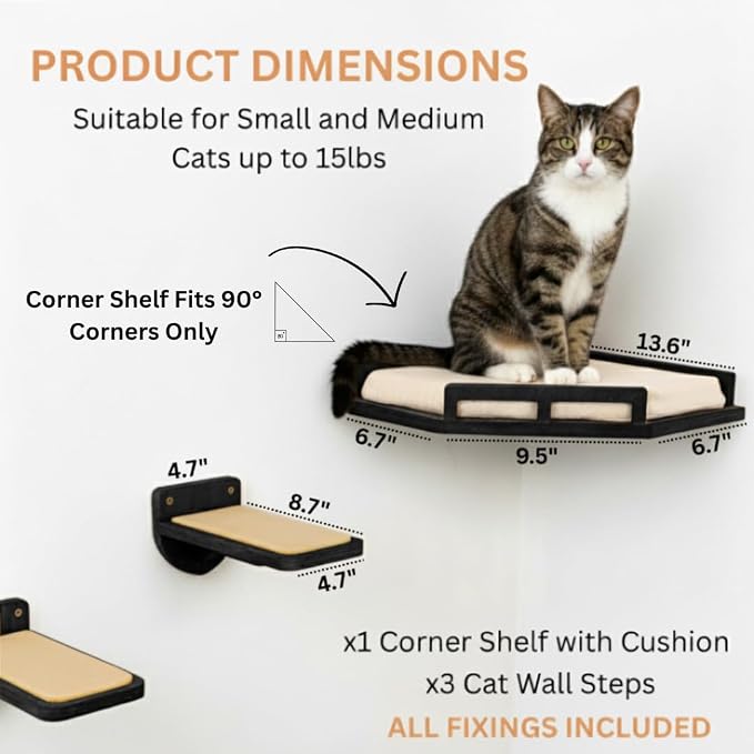 INICIO Cat Wall Shelves - Corner Shelf with 3 Cat Wall Steps - Black | Safe and Sturdy Cat Shelves for wall, Steps and Shelf for Indoor Cats up to 15lbs - Cushioned Perch for Climbing and Playing