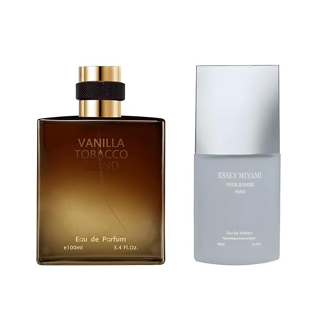 AFLUXE 2PCS Mens Perfume Cologne Long Last Strong EDP Natural Spray Gift Set, with Cocoa, Dried Fruits, Woody Fragrance for Daliy Use, 3.4 Fl Oz / 100 mL Each (Essey Miyami & Vanilla Tobacco)