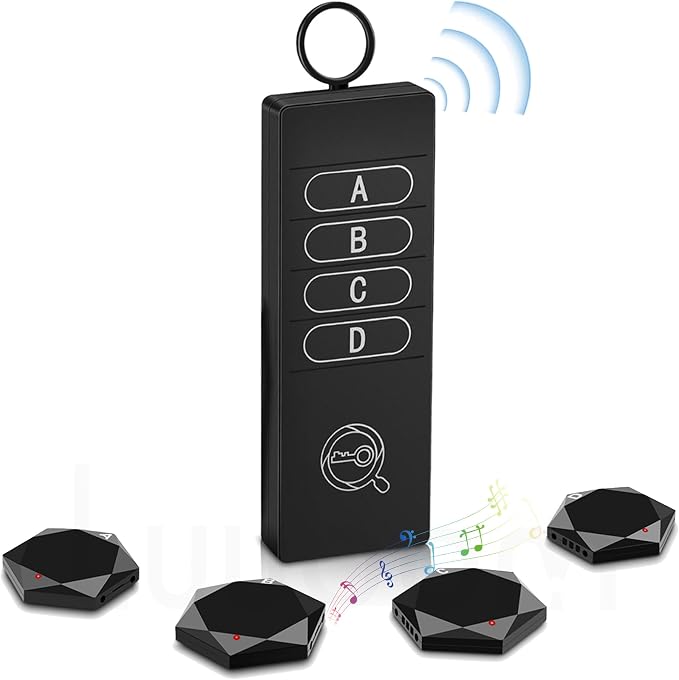 Key Finder 1 Transmitter 4 Receivers, 80dB+ Wireless Item Locator 164ft Range for Keys Remote Pet Collar Luggage, No App or Bluetooth, Easy for Elderly & Kids
