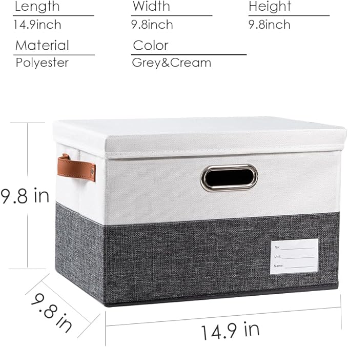 Foldable Storage Bins with Lids [3-Pack] Fabric Collapsible Storage Boxes Baskets Cubes Containers with Handles for Closet Living Room Bedroom (Grey & White 14.9x9.8x9.8'')