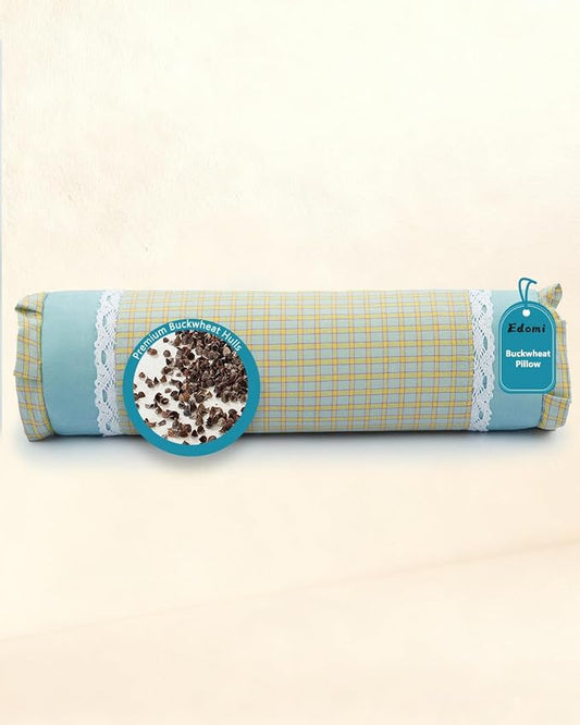Buckwheat Cylinder Neck Pillow,15.7"x4.7" Adjustable Hull Filling for Cervical Support, Checkered Pattern Ergonomic Roll Pillow for Back/Side Sleepers, Removable Washable Cover,Blue