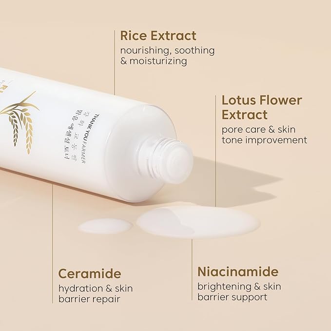 THANKYOU FARMER Rice Pure Korean Milk Toner with Rice Water & Niacinamide - Gentle Hydrating Toner for Brightening and Soothing Dry & Sensitive Skin, Vegan, 7.03 oz