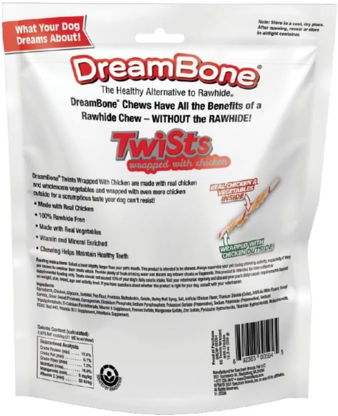 DreamBone Chicken Wrapped Twist Stick Rawhide-Free Dog Treats, 50 Count | Daily Chew, Digests Safely and Completely, Made With Real Protein, Chicken and Veggies, For Adult Dogs