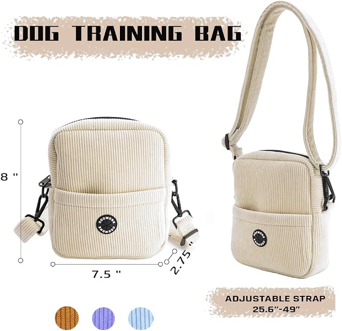 Velvet Dog Training Pouch | Large Capacity Pet Treat & Toy Bag with Built-in Poop Bag Dispenser (Beige-white)
