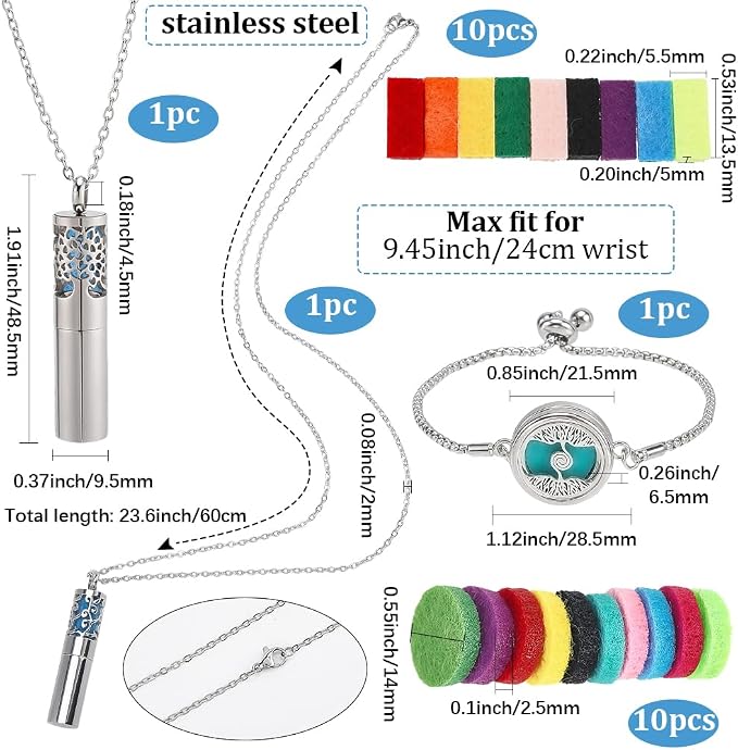 SUNNYCLUE 1Pc Essential Oil Diffuser Necklace 1Pc Tree of Life Essential Oil Bracelet with Total 20Pcs Refill Pads Tree of Life Stainless Steel Chains Ajustable Aromatherapy Jewelry for Women Gifts