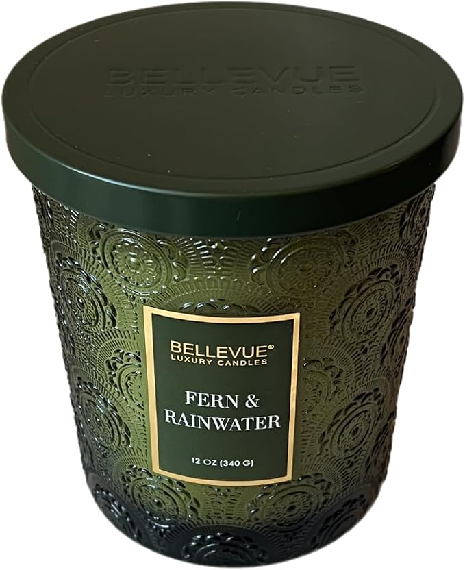 Bellevue Luxury Candles, 12 OZ Soy Blend Candle, Embossed Glass, Fragrances formulated with Essential Oils, Home Fragrances, Scented Candles Gift Set ǀ Scent: Fern & RAINWATER