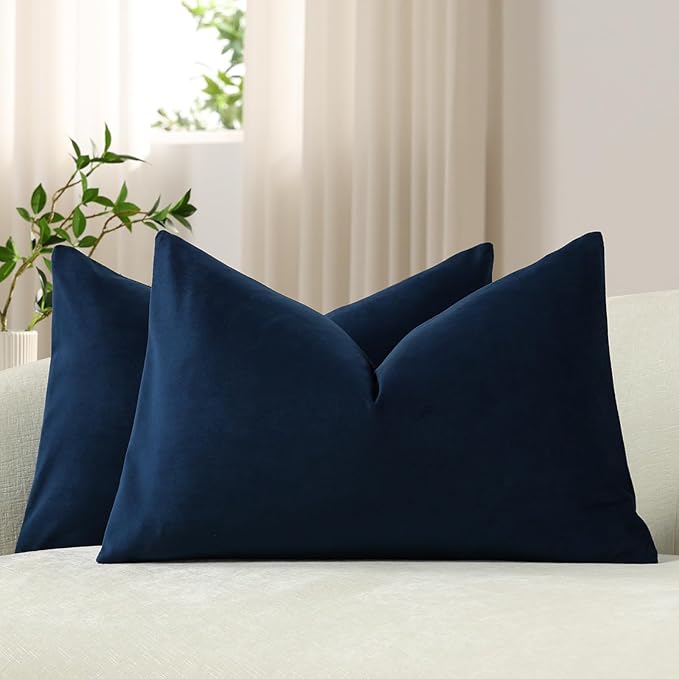 Lumbar Pillow Covers 12x20 Midnight Blue: Pack of 2 Cozy Soft Velvet Rectangular Modern Luxury Decorative Throw Pillow Cases for Sofa Couch Living Room Bed Home Decor