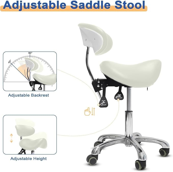 Saddle Stool with Wheels,3-Way Function Rolling Stool with Back Support,Ergonomic Stool Saddle Stool for Hair Stylist for Dentist Salon Tattoo(White)