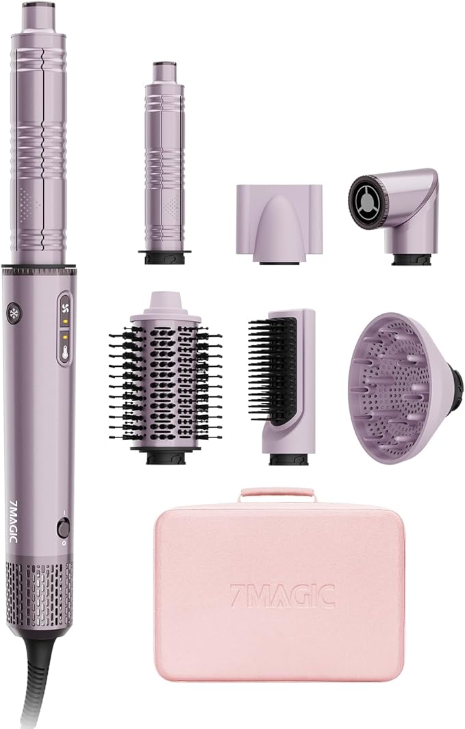 7MAGIC Hot Air Styler Wrap, 7 in 1 Professional Hair Dryer Brush with Auto-Wrap Curlers, Fast Drying Blow Dryer, Volumizing Straightening Styling Multi-Styler No Heat Damage, Travel Case (Purple)