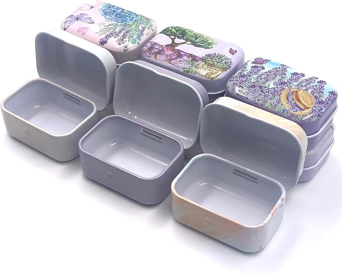 8Pcs Metal Hinged Tin Box Container Floral Farmhouse Rustic Mini Portable Small Storage Container Kit with Lid for Home Storage 2.1x1.5x1 Inch (Purple)
