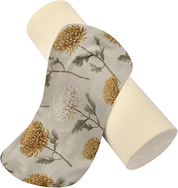 Beige Vintage Chrysanthemum Neck Roll Pillow Bolster Round Health Memory Foam Long Cervical Cylinder Pillows with Removable Washable Cover for Body Bed Legs Back Yoga