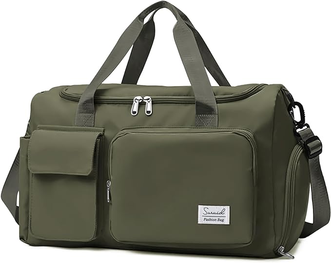 Suruid Travel Duffel Bag with Shoes Compartment Sports Gym Bag with Dry Wet Separated Pocket for Men and Women, Overnight Bag Weekender Bag Training Handbag Yoga Bag - Olive Green