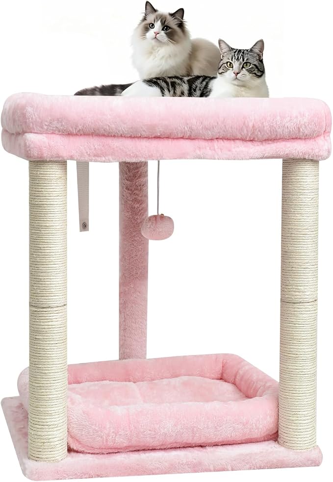 SYANDLVY Small Cat Tree for Indoor Cats with 2 Levels Perch Platforms | Natural Sisal Scratching Post Tower with Hanging Bell Ball & Anti-Tip Strap, Stable Cat Perch Furniture for Kittens, Pink
