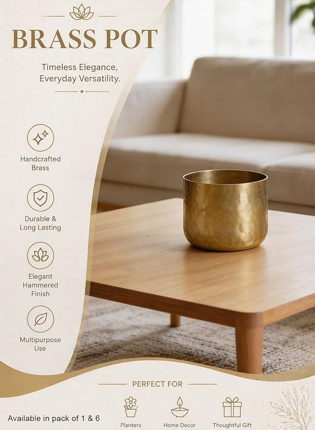 Serene Spaces Living Antique Brass Look Gold Hammered Pots: Stylish Indoor Planter, Decorative Accent for Potted Plants, Gold Flower Vase - Perfect for Weddings or Centerpieces, Small