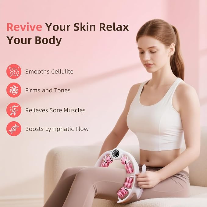 Cellulite Massage Roller for Legs, Anti Cellulite Massage Tool with Detachable Handle, Cellulite Remover for Legs, Lymphatic Drainage & Deep Tissue Pain Relief (Pink)