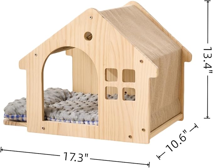 SHENGOCASE Wall Mounted Cat Furniture Set, Natural Wood, 47.2 inch Balcony Perch with Guardrail, 4 Steps, 2 Houses with Cushions