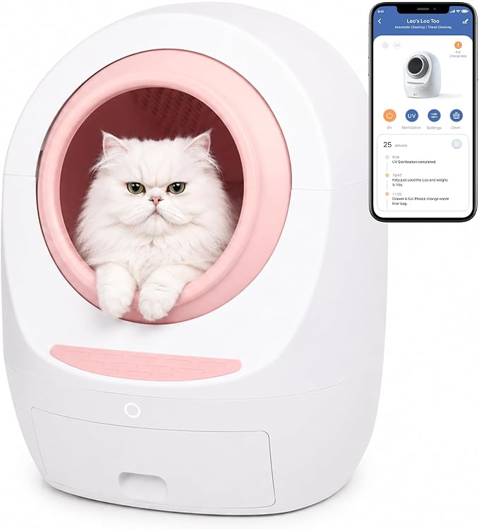 Casa Leo Automatic Self-Cleaning Cat Litter Box | with Leo’s Loo Too Wi-Fi App & Voice Control, App Weight Tracking, UV Odor Control, Safety Sensors, 30dB Quiet