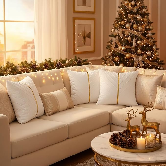 Velvet Throw Pillow Covers 16x16 inch Pack of 2 Gold Decor White | Soft Solid Pillow Covers,Modern Luxury Home Decor,for Couch Chair Sofa Bedroom Livingroom,Hidden Zipper,Ideal Gift,Easy Care