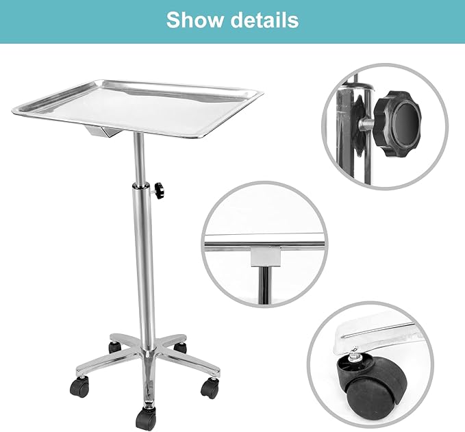 Premium Metal Extra Large Salon Tray Medical Tray Mayo Stand with Wheels